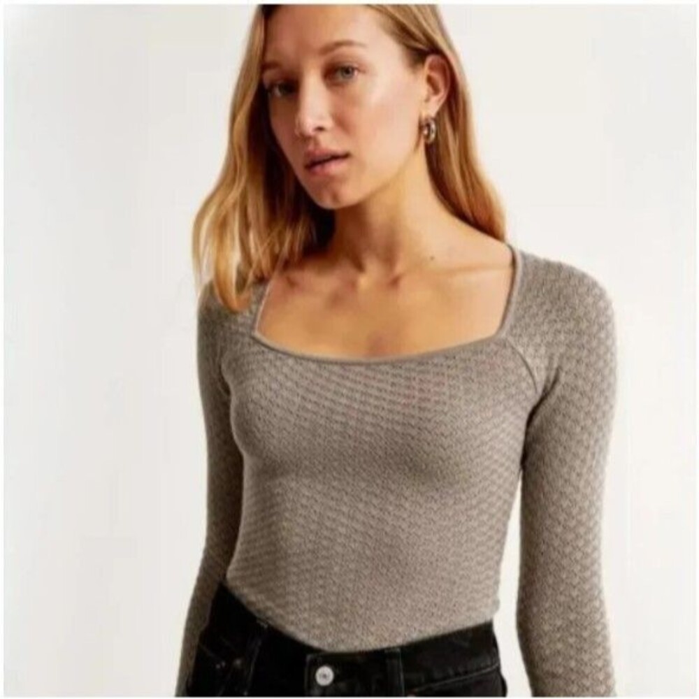 Abercrombie & Fitch Pointelle Square Neck Bodysuit M Taupe Tan Long Sleeve NWT
